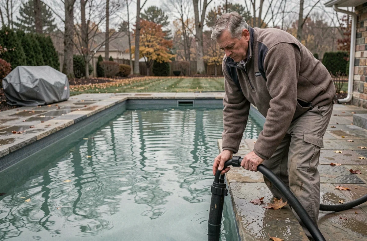 Homme abaissant le niveau d'eau d'une piscine enterrée avec une pompe avant la fermeture hivernale