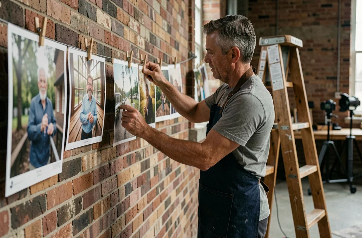 Homme installant des tirages photographiques sur des câbles en acier dans un atelier loft aux murs en briques apparentes