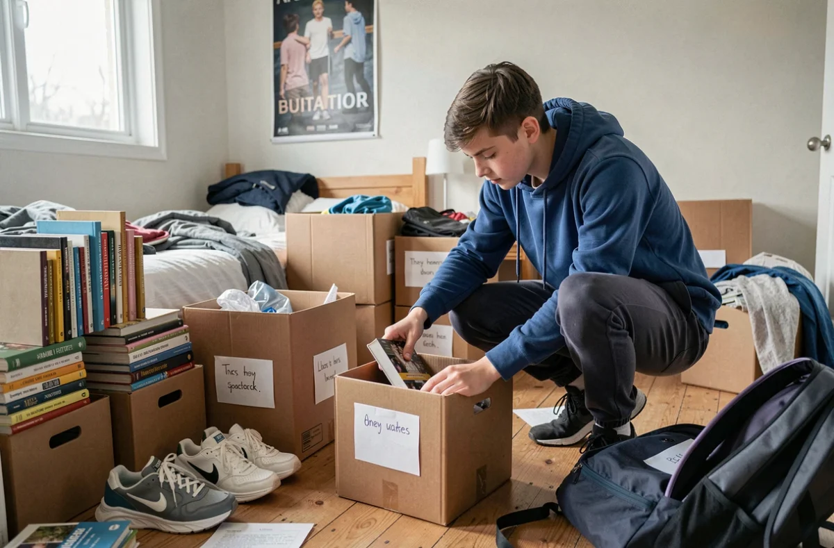 Adolescent motivé qui trie et range ses affaires dans des boîtes de rangement dans sa chambre en désordre