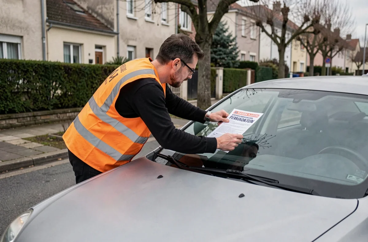 Agent municipal apposant un procès-verbal sur une voiture en stationnement illégal sur un trottoir résidentiel