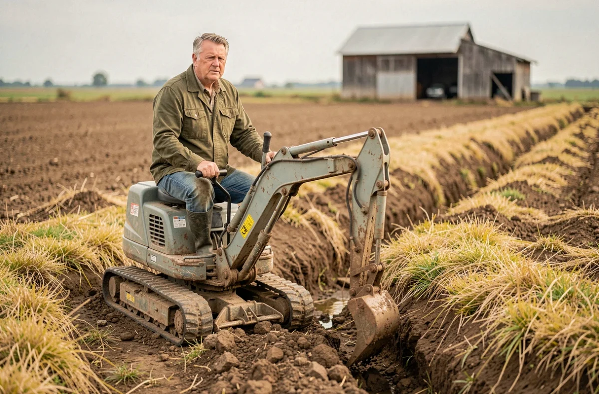 Agriculteur expérimenté utilisant une mini-pelle sur un terrain agricole pour creuser un fossé de drainage
