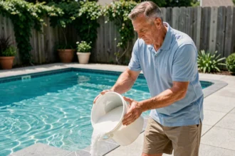 Homme ajoutant du sel dans une piscine extérieure pour équilibrer la salinité de l'eau