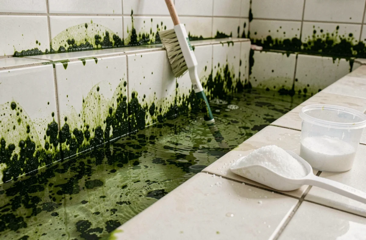 Algues vertes et noires sur les parois d'une piscine avec du chlore choc prêt à être utilisé