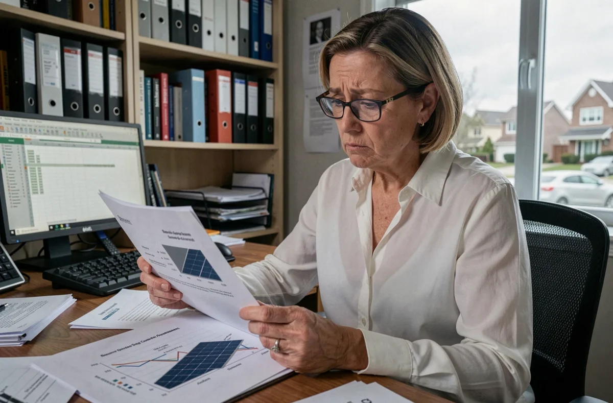 Conseillère en énergie analysant les coûts et le retour sur investissement des panneaux solaires à son bureau