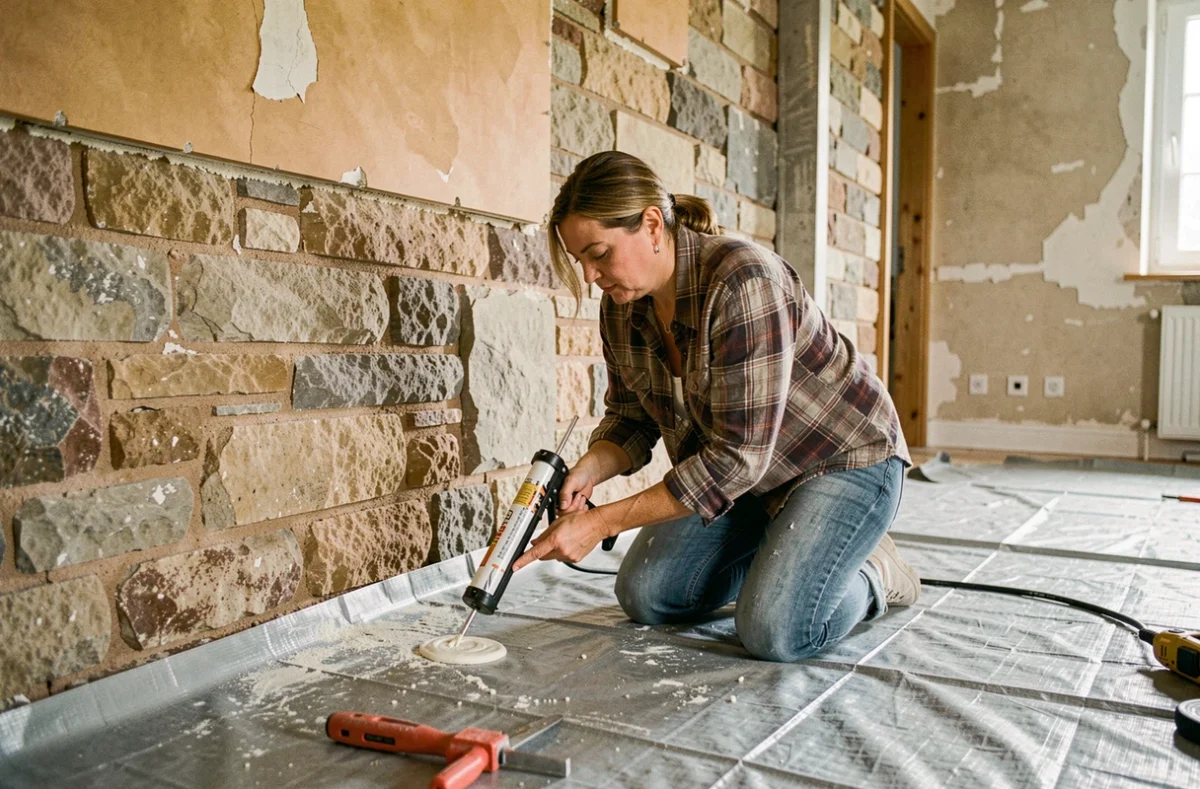 Femme appliquant de la mousse isolante au pistolet sur un mur en pierre intérieur lors de travaux de rénovation