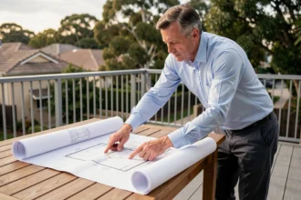 Architecte examinant des documents de permis de construire pour une terrasse résidentielle