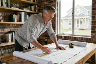 Architecte étudiant les plans d'extension de maison sur une table à dessin avec mètre ruban et blueprints détaillés