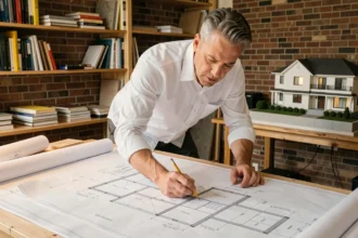 Architecte analysant des plans techniques pour une extension de maison dans son bureau