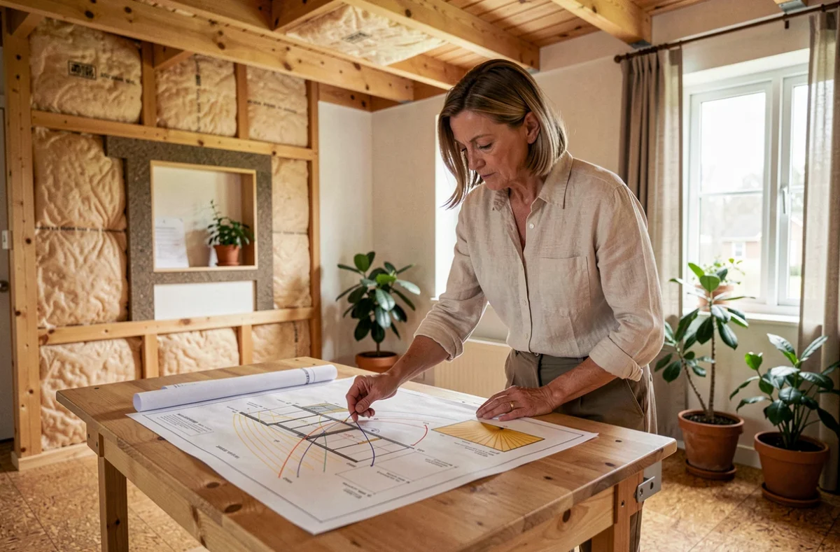 Architecte féminine étudiant les plans d'une maison bioclimatique dans un intérieur en bois et liège avec isolation naturelle