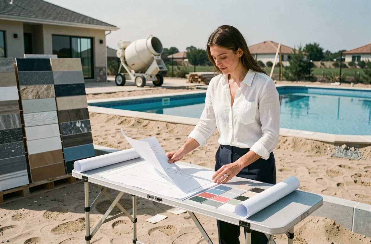 Architecte consultant des fiches techniques de carrelage piscine sur un chantier de construction résidentiel
