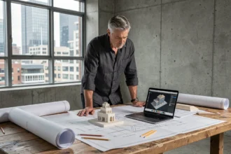 Architecte masculin dans la quarantaine travaillant sur des plans et des maquettes dans un studio contemporain avec vue sur la ville