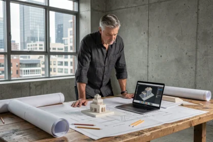 Architecte masculin dans la quarantaine travaillant sur des plans et des maquettes dans un studio contemporain avec vue sur la ville