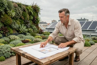 Architecte examinant des plans sur une toiture végétalisée avec panneaux solaires en milieu urbain