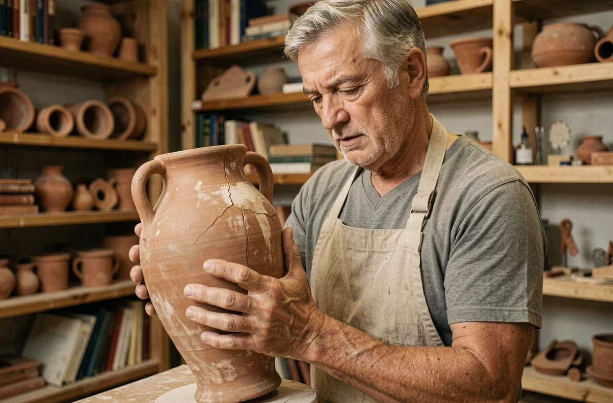 Artisan restaurateur examinant une amphore en céramique ancienne dans un atelier de conservation, illustrant la longévité exceptionnelle des matériaux en argile cuite