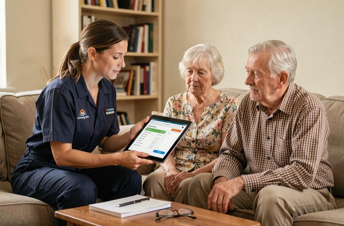 Une plombière montre un devis numérique sur tablette à un couple de seniors dans leur salon, expliquant les modalités de paiement pour des travaux