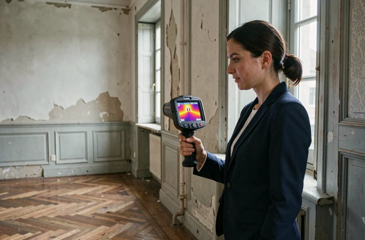 Auditrice énergétique utilisant une caméra thermique pour détecter les déperditions thermiques d'une fenêtre ancienne dans une maison à rénover