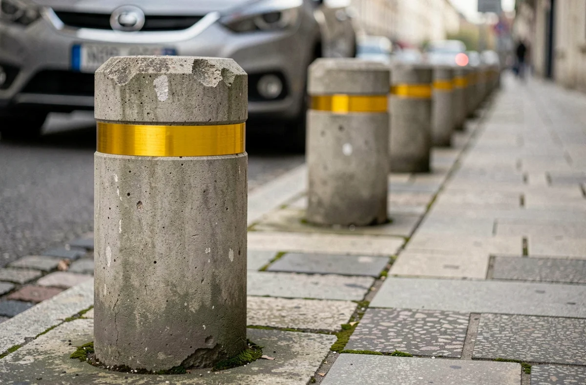 Rangée de bornes en béton anti-stationnement installées sur un trottoir parisien pour protéger les piétons