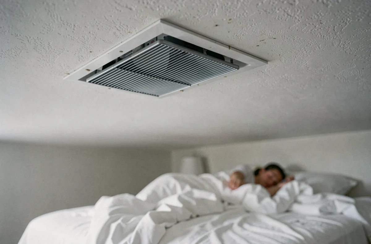 Gros plan d'une bouche de chauffage canalisé au plafond d'une chambre à coucher avec un lit en arrière-plan flou