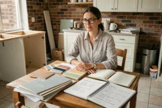 Femme en train de planifier le budget d'aménagement de sa maison avec des échantillons de matériaux et des notes manuscrites sur une table en bois