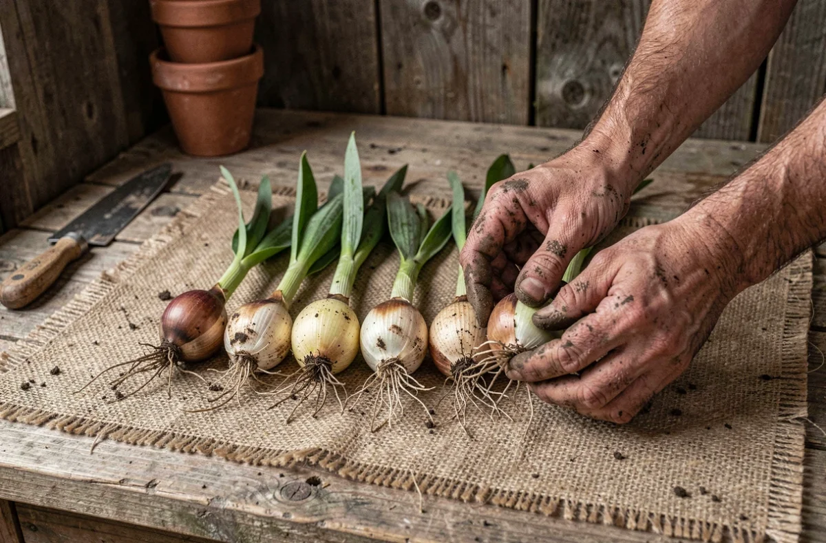 Bulbes de lys fraîchement déterrés disposés sur une toile de jute dans un atelier de jardinage