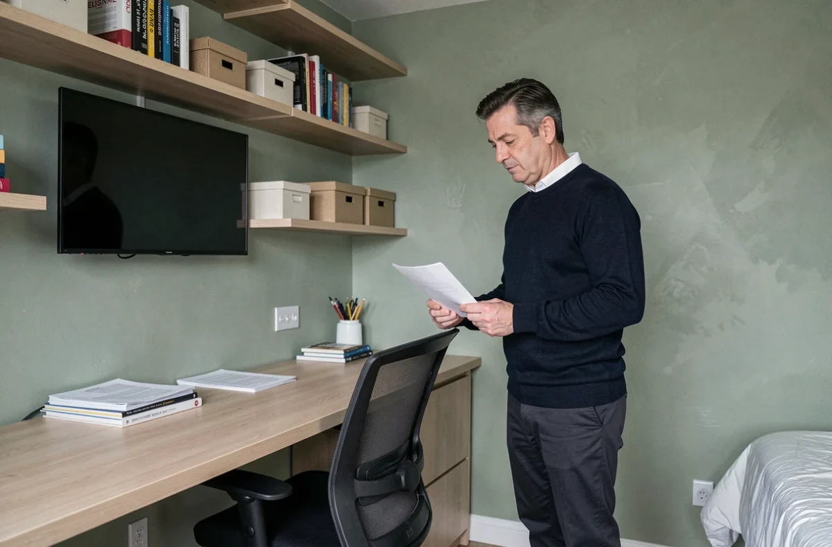Homme dans un bureau à domicile aménagé dans une chambre d'amis reconvertie avec étagères murales