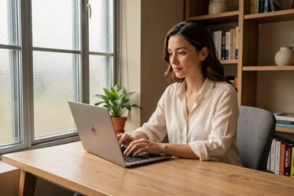 Femme travaillant à un bureau à domicile installé sous une fenêtre dans un coin du salon