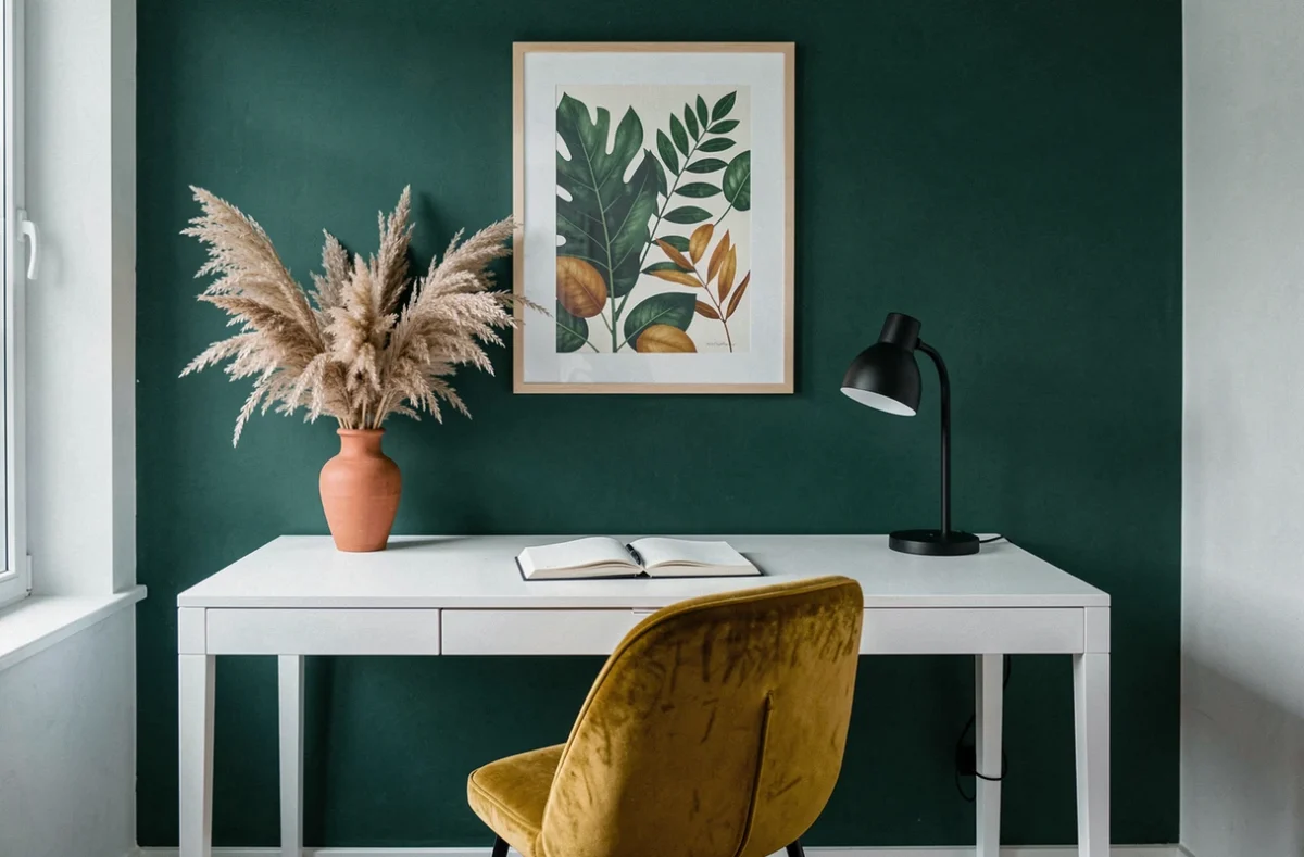 Bureau à domicile avec mur vert forêt, chaise velours moutarde et vase terracotta pour créer des accents de couleur