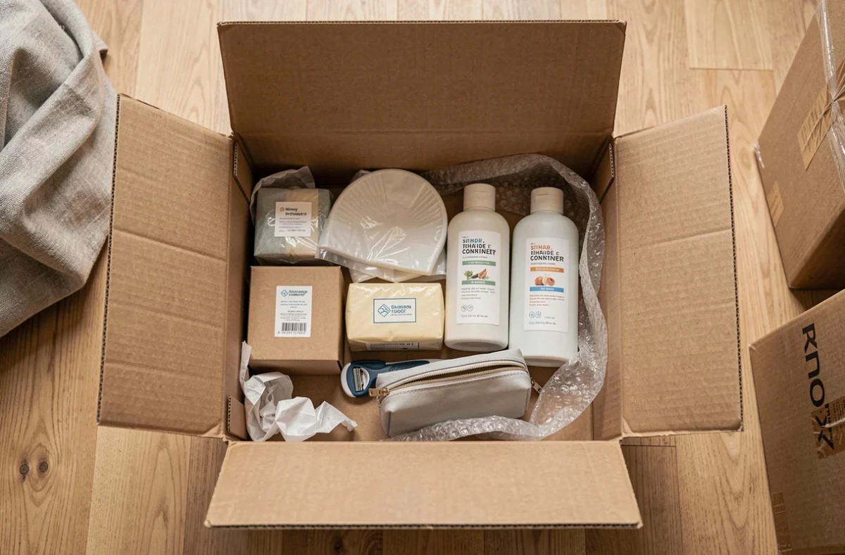 Vue aérienne d'un carton de déménagement rempli d'articles de toilette soigneusement organisés avec du papier d'emballage