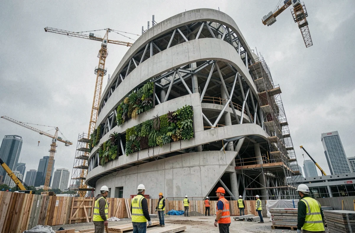 Chantier de construction d'un bâtiment biomorphique futuriste avec mur végétal et structure en acier dans un environnement urbain