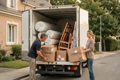 Deux personnes chargeant meubles et cartons dans un camion de déménagement 15 m3 devant une maison pavillonnaire