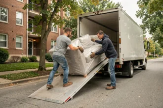 Deux déménageurs chargent un canapé emballé dans un grand camion de déménagement via une rampe métallique dans une rue résidentielle
