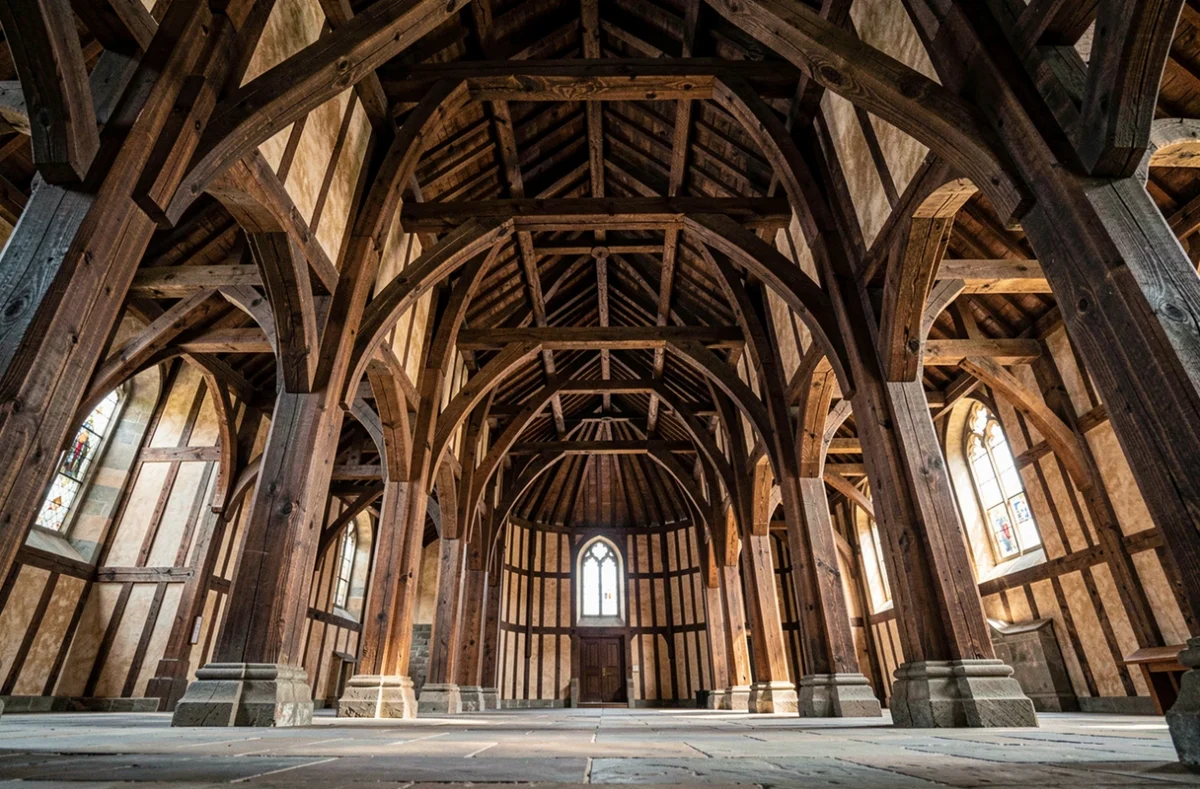 Charpente en bois de chêne médiévale vue de l'intérieur d'une cathédrale historique, mettant en valeur la durabilité exceptionnelle du bois massif ancien