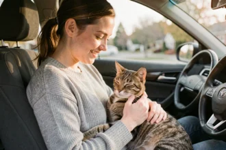 Femme tenant un chat tigré calme sur ses genoux à l'intérieur d'une voiture, illustrant comment apaiser un chat anxieux en voiture