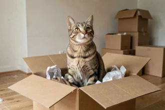 Chat tigré assis dans un carton de déménagement ouvert, entouré d'affaires emballées dans un appartement vide