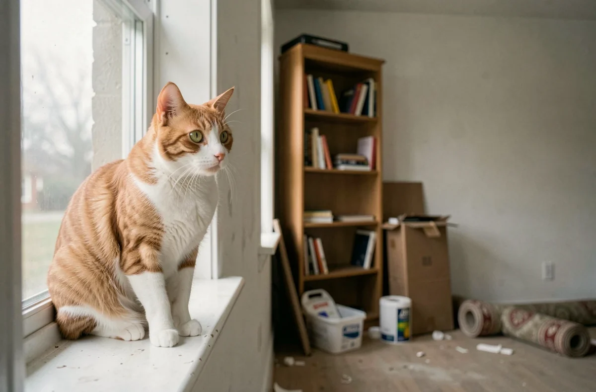 Chat roux et blanc assis sur le rebord d'une fenêtre dans une pièce vide en cours de déménagement