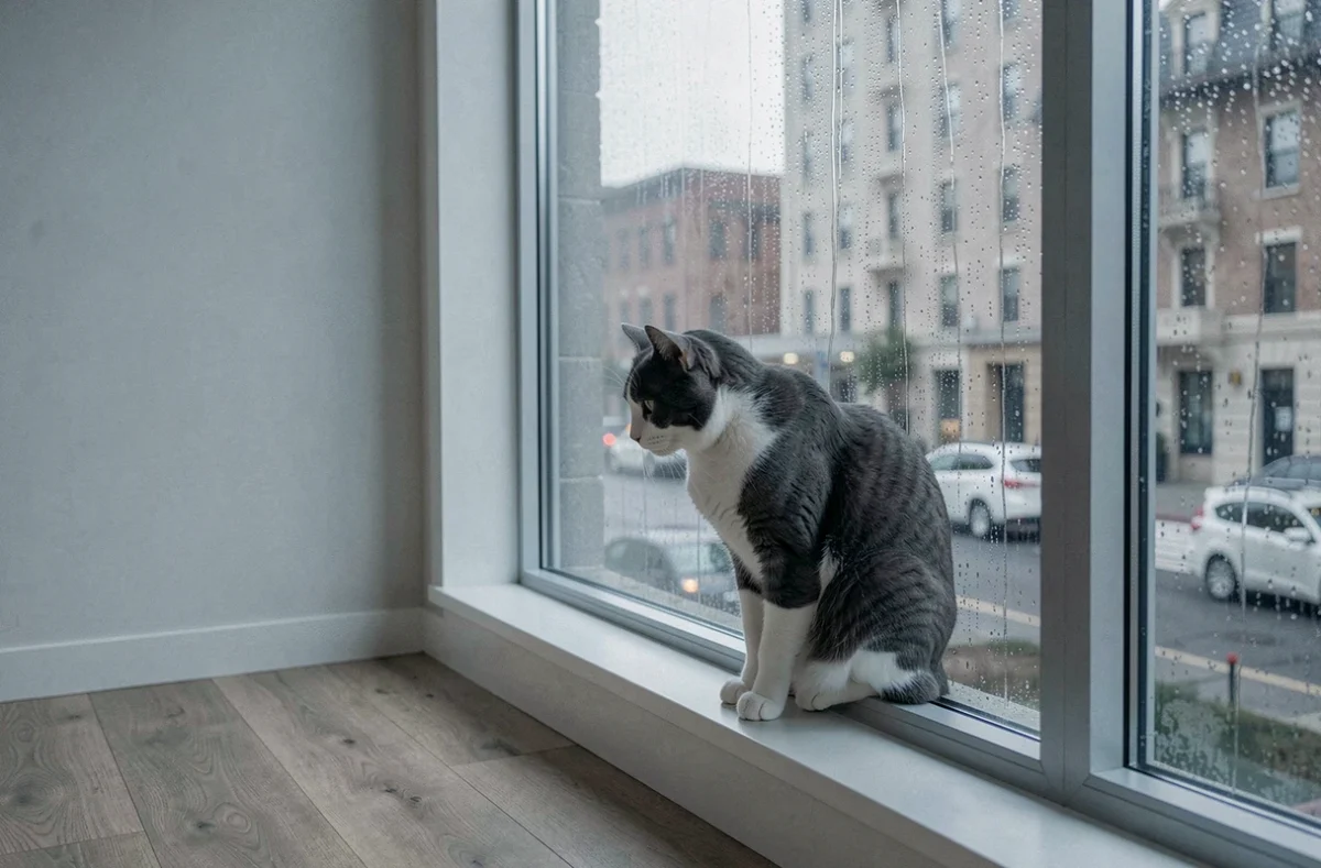 Chat gris mélancolique assis seul devant une fenêtre sous la pluie dans un appartement