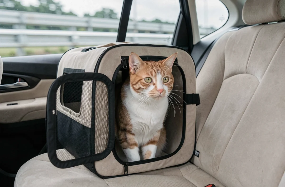 Chat roux regardant à travers la fenêtre grillagée d'une caisse de transport posée sur la banquette arrière d'une voiture pendant un trajet