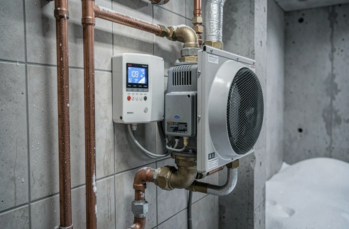 Chaudière gaz pour piscine dans un local technique en hiver avec tableau de contrôle numérique et tuyauterie en cuivre