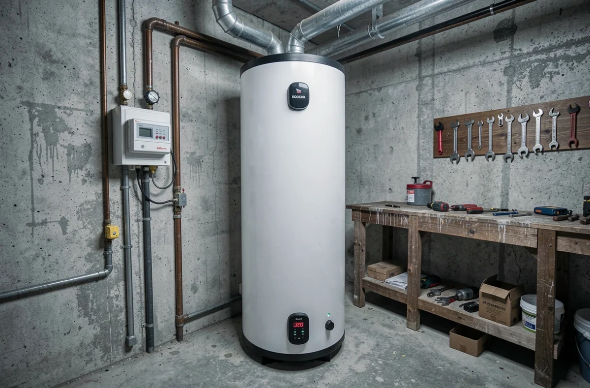 Chauffe-eau électrique vertical de 200 litres dans une chaufferie avec compteur électrique et tuyauterie apparente