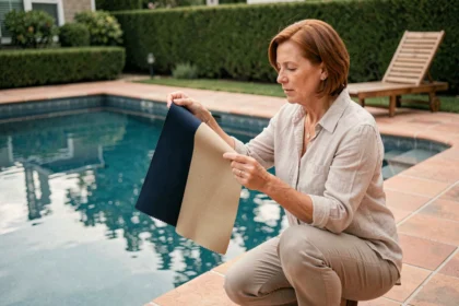 Femme comparant des échantillons de toiles de piscine bleu marine et beige sable au bord d'une piscine extérieure