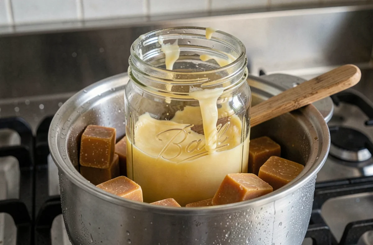Bocal en verre contenant de la cire de bougie qui fond au bain-marie sur une gazinière