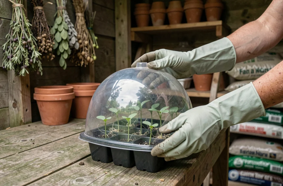 Mains féminines plaçant une cloche de protection transparente sur un plateau de semis dans un abri de jardin en bois