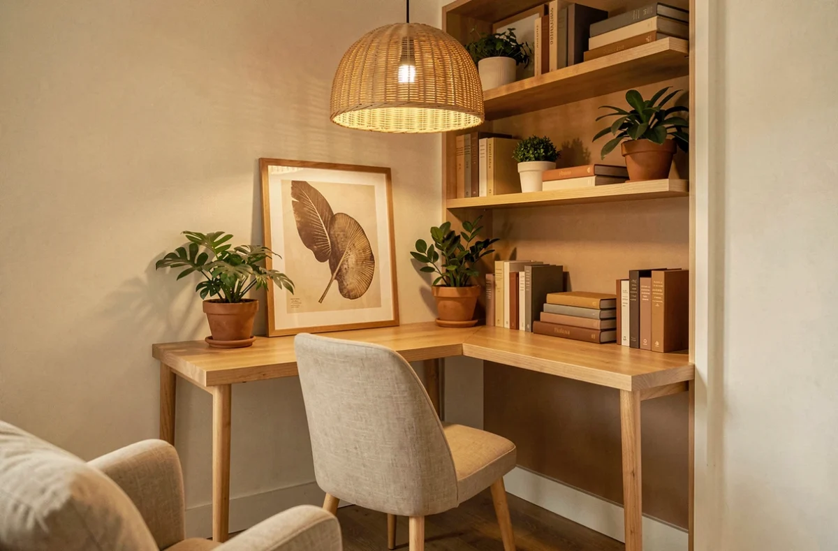 Coin bureau à domicile soigneusement décoré démontrant comment la décoration intérieure optimise l'espace et reflète la personnalité