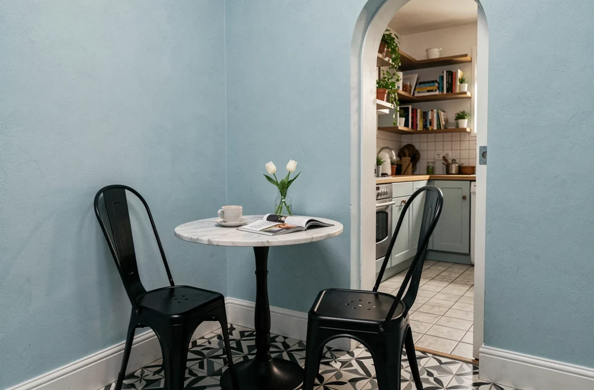 Petite table bistro en marbre placée dans un coin repas d'un appartement parisien avec carrelage en ciment géométrique