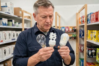 Électricien comparant une ampoule incandescente, une lampe fluorescente compacte et une ampoule LED pour évaluer leur efficacité énergétique