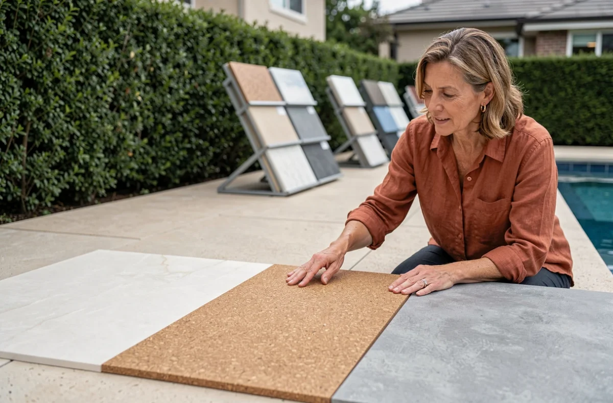 Comparaison de trois surfaces de terrasse de piscine anti-chaleur : carrelage en porcelaine, liège composite et béton brossé