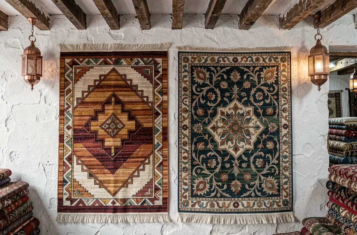 Comparaison côte à côte d'un tapis turc aux motifs géométriques et d'un tapis persan aux motifs floraux dans un bazar