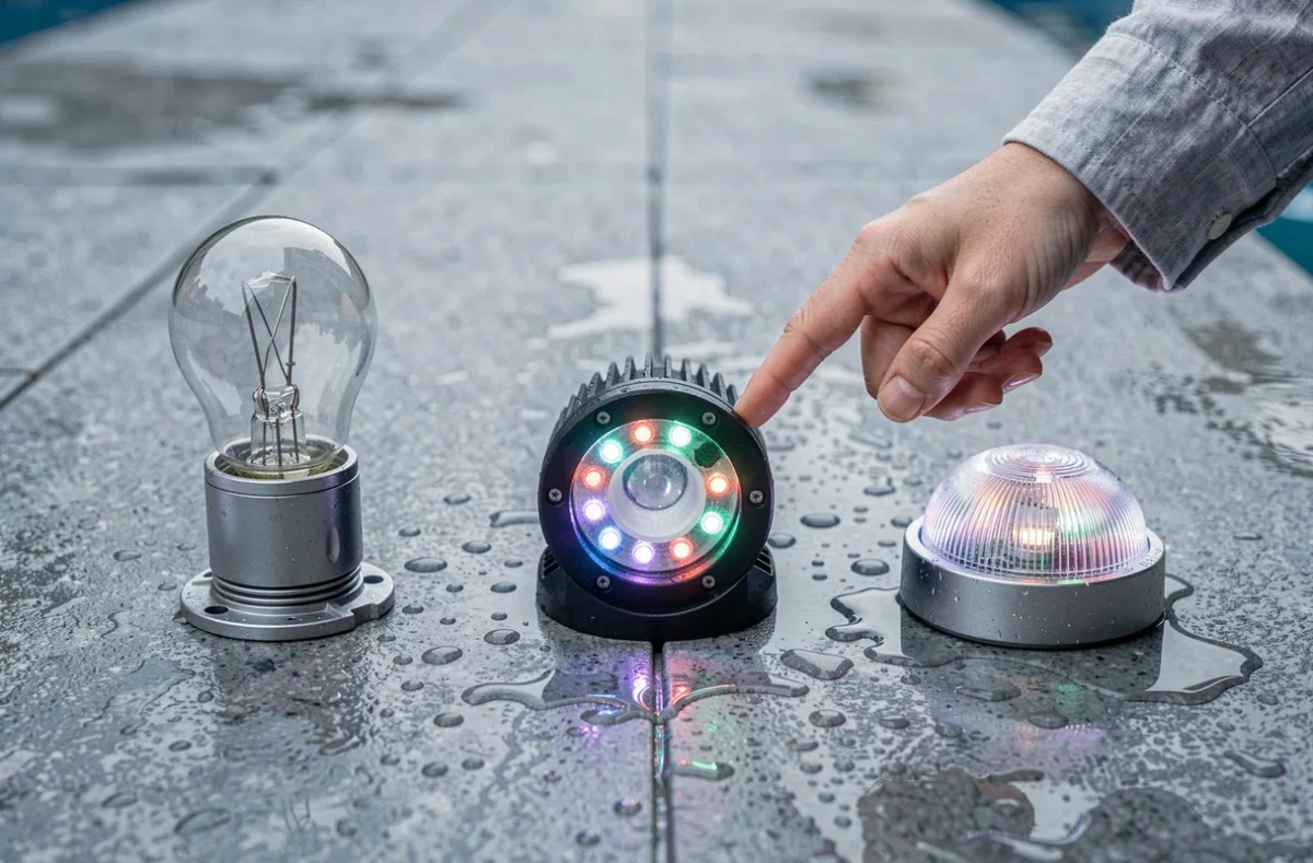 Comparaison de trois types d'éclairages pour piscine sur un bord de bassin en béton : halogène, LED RGB et fibre optique
