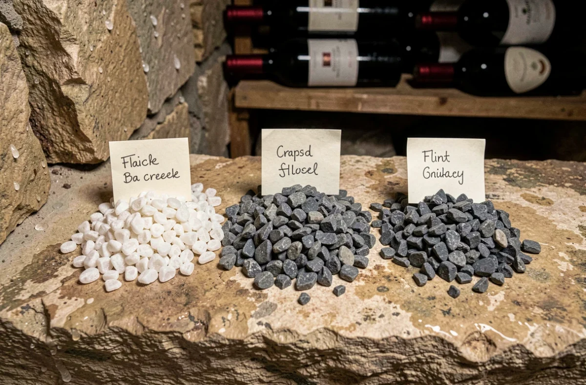 Comparaison de trois types de gravier pour cave à vin sur une tablette en pierre
