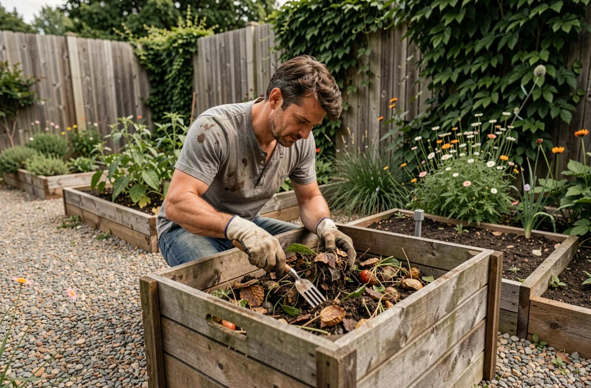 Homme en train de retourner le compost dans un jardin potager durable avec bac à compost en bois